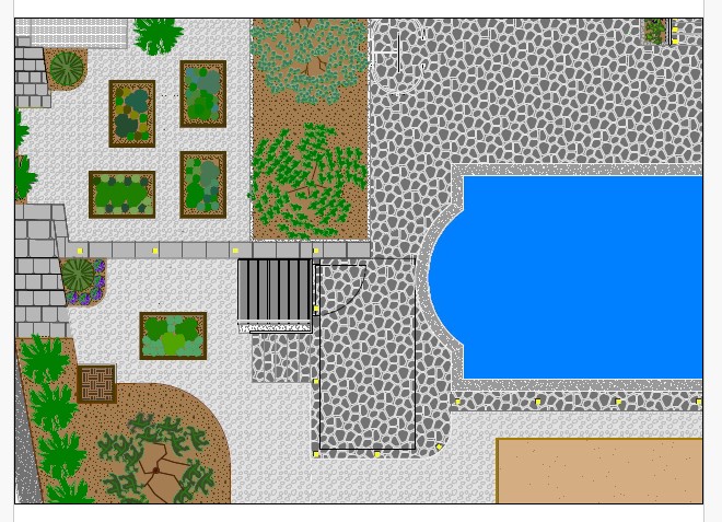 Isječak iz projekta - krajobrazna arhitektura - oblikovanje okoliša vile s
bazenom koji prikazuje dizajn korisnog vrta s visokim gredicama, maslinom, žižulom i
smokvom, te komposterom, sve uklopljenuo u kompoziciju sa sunčalištem uz bazen tip skimer
koji je poluukopan i smješten na odvojenoj povišenoj razini vrta.